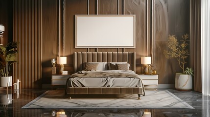 Luxurious bedroom with a plush bed and a blank white mockup frame on the wall softly illuminated