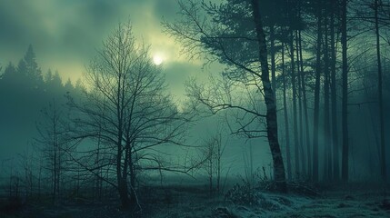 Naklejka premium Eerie Green Forest: A Mystical Sunrise Through Silhouetted Trees