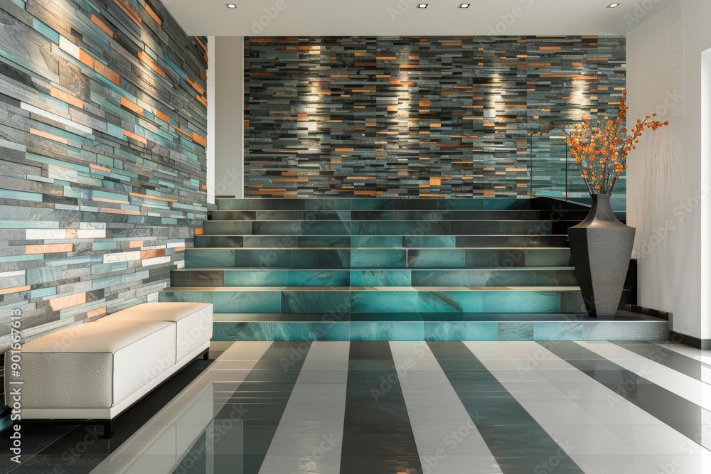 Poster elegant office lobby with unique tile flooring and a sleek staircase emphasizing sophistication and 