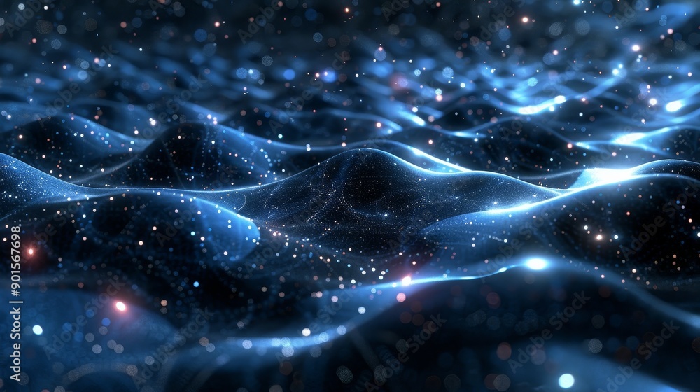 Poster blue and black background with a clear image of a star cluster in the center