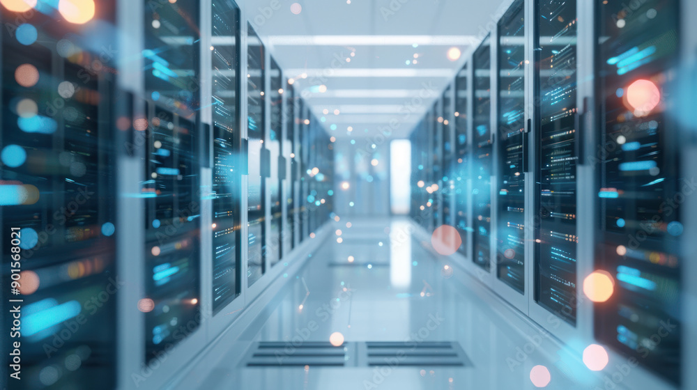 Poster futuristic investment, an advanced data center filled with server racks interconnected by glowing fi