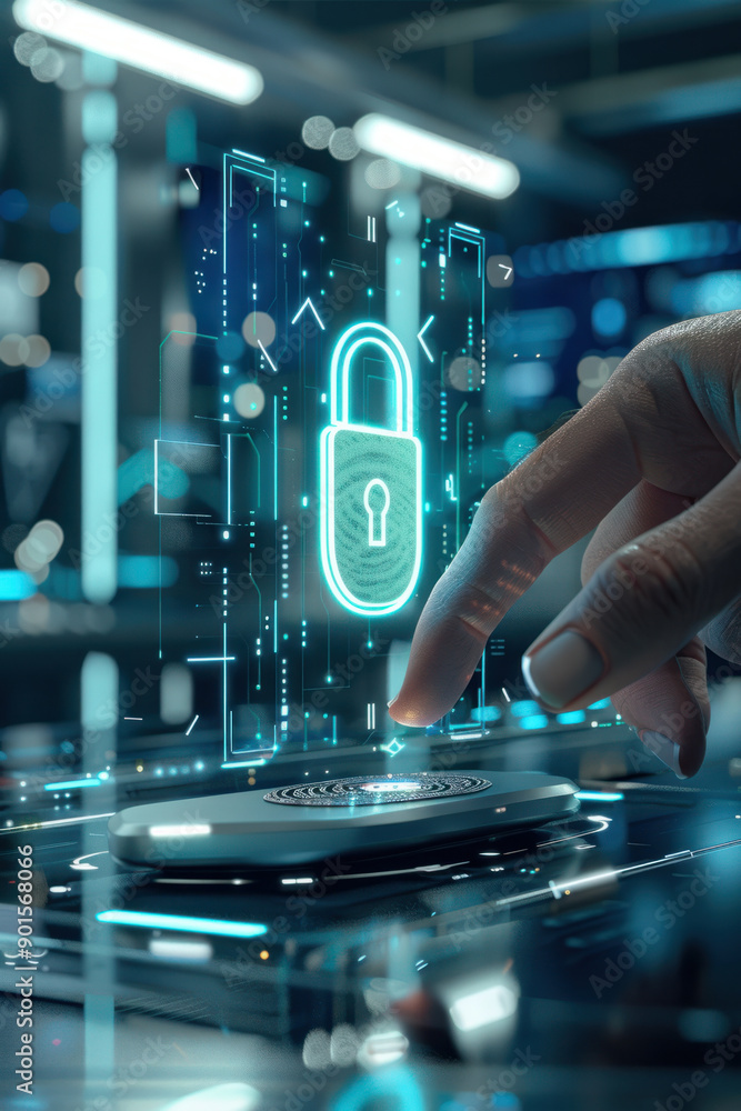 Poster ai cyber security, an engaging shot of a finger on a digital fingerprint reader, with a luminous hol