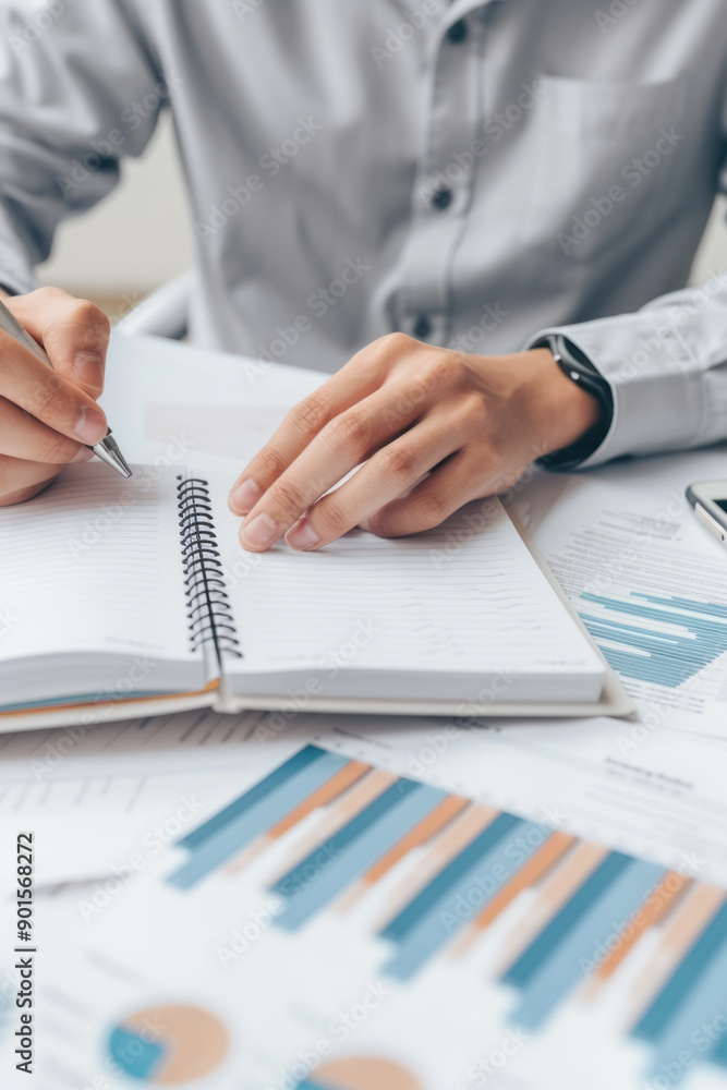 Poster business achievement, a close-up of a business professional jotting down notes in a notebook while a