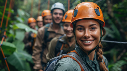 business achievement, A smiling group of employees participating in a fun outdoor team-building activity, completing a ropes course against a backdrop of lush greenery, promoting