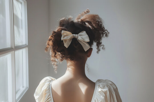 An african american girl wearing a white romantic dress and a bow in her hair, view from the back