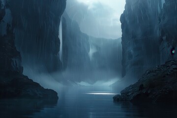Dark Mysterious Lake in a Narrow Rocky Canyon with Waterfalls