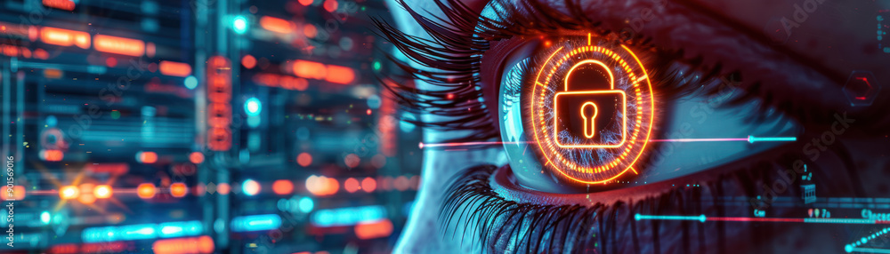 Poster ai cyber security, detailed close-up of a captivating eye featuring a vibrant hologram lock icon rot