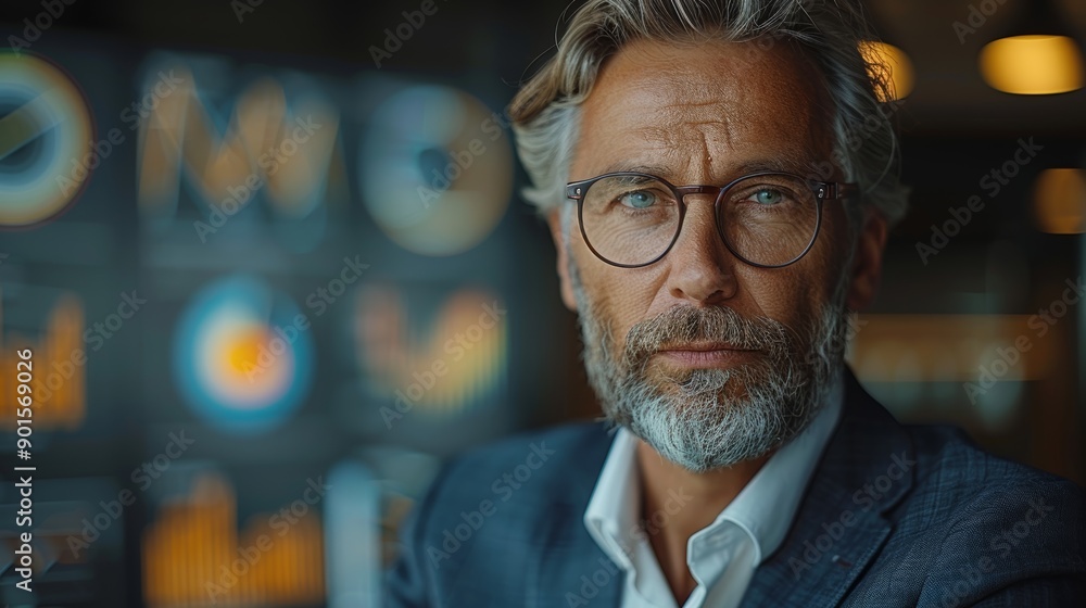 Poster professional businessman analyzing data in modern office setting during late afternoon hours. genera