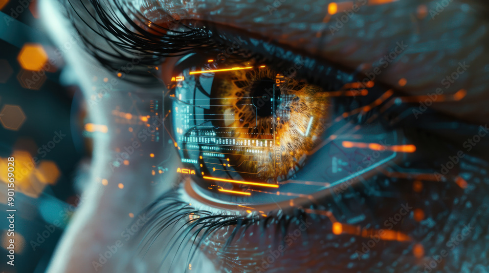 Poster ai cyber security, detailed close-up of an eye enhanced by holographic digital interfaces, showcasin