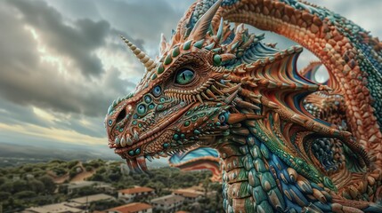 Fototapeta premium Detailed Dragon Art in Fantasy Landscape During Cloudy Sky
