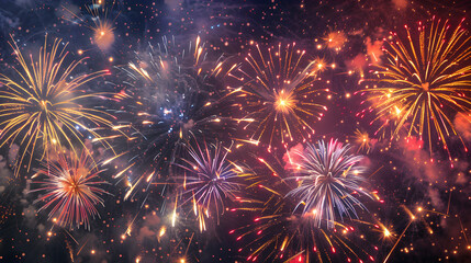 Bright and colorful fireworks exploding over the ocean, casting a beautiful glow on the water.