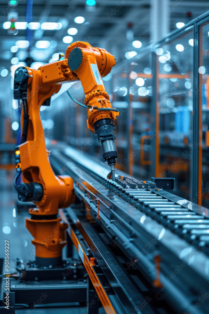 Poster ai manufacturing optimization, a robotic arm expertly assembling components in a high-tech factory, 