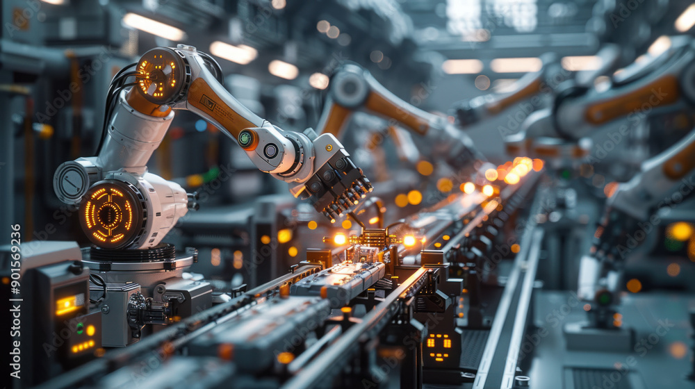 Poster ai manufacturing optimization, a robotic arm expertly assembling components in a high-tech factory, 