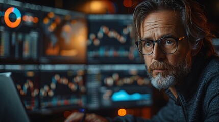 Fototapeta premium Dedicated Trader Analyzing Market Trends in a Dimly Lit Trading Room at Night. Generative AI