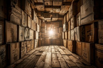In this CGI illustration, stacked boxes are shown in a storage facility.