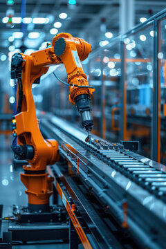 AI manufacturing optimization,  A robotic arm expertly assembling components in a high-tech factory, surrounded by automated machines. The environment is clean and organized, with