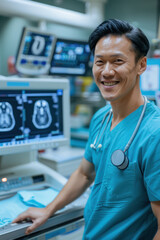 Radiologic Technologist,  A cheerful Asian male showing an MRI scan on a workstation in hospital attire on a high-tech imaging room background