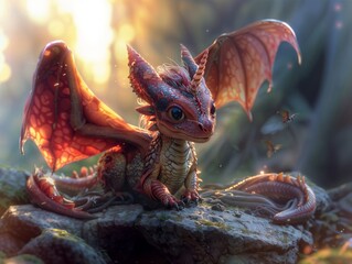 Adorable Baby Dragon in Forest at Sunset with Glowing Wings