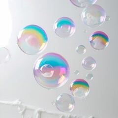iridescent soap foam bubbles of varying sizes