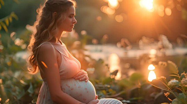 Pregnant Woman in Nature at Sunset