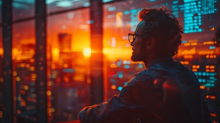 Obraz premium Contemplative Man Gazes Out Over City Skyline at Sunset From High-Rise Building. Generative AI