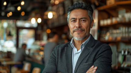 Obraz premium Pension Consultant, A knowledgeable Hispanic male demonstrating retirement savings options in business casual clothing on a cozy coffee shop background.