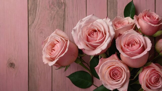 Happy Mother's Day background of pink roses with copy space on pink wood table.