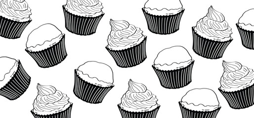 Cartoon muffin and cupcake. Pastry shop logo. Sweet fluffy muffins or cupcakes. tasty cup cake with cream or chocolate. Birthday cake and frosting. Party food. Bakery tools