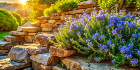 Vibrant blooming creeping rosemary sprawls across sun-kissed rocks, delicate blue flowers and fragrant greenery unfolding amidst rustic stone outcroppings in a serene garden setting.