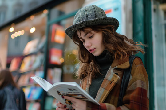 Young woman reading a journal in the street. Concept for Mail order catalog day on 18 August