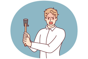 Crazy man threatens to hit with hammer and screams suffering from mental disorder causing aggression and nervousness. Manager with hammer symbolizing strictness and aggression towards employees