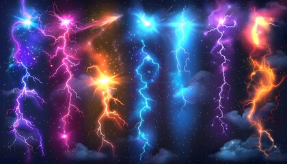 Fototapeta premium Powerful electrical round discharge hitting from side to side realistic vector illustration isolated on black background. Blazing lightning circle strike in darkness Electric energy flash light effect