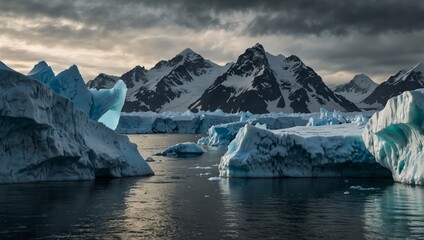 Majestic icy landscape with towering glaciers and floating icebergs under a dramatic sky, showcasing the beauty of a frozen world.