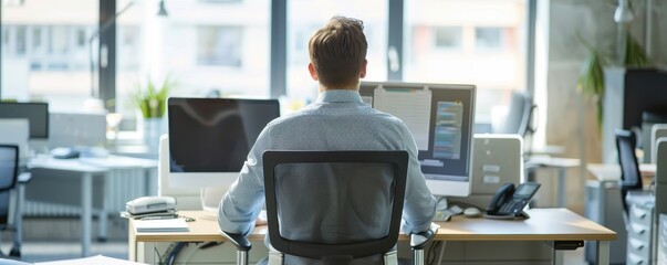 A professional man working at a desk, focused on computer screens in a modern office environment with natural light.