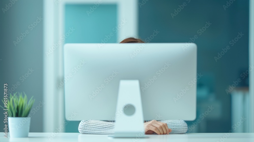 Poster a person working behind a sleek desktop computer, emphasizing modern workspace and productivity in a