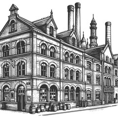 European beer factory brewery building with detailed architectural features, street view scene sketch engraving generative ai raster illustration. Scratch board imitation. Black and white image.