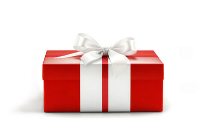 Fototapeta premium Red gift box with white bow on white background. Holiday gift wrapping. Birthday, Christmas, wedding
