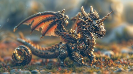 Intricately Detailed Steampunk Dragon Figurine in Fantasy Setting