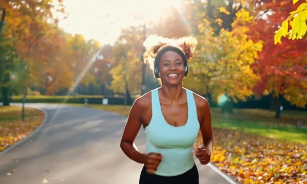 Happy Black Woman Jogging in the Park with Headphones During Autumn