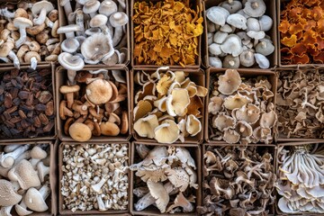 Fototapeta na wymiar Mixed dried mushroom. Assortment of dried mushrooms. Different species of dry fungi