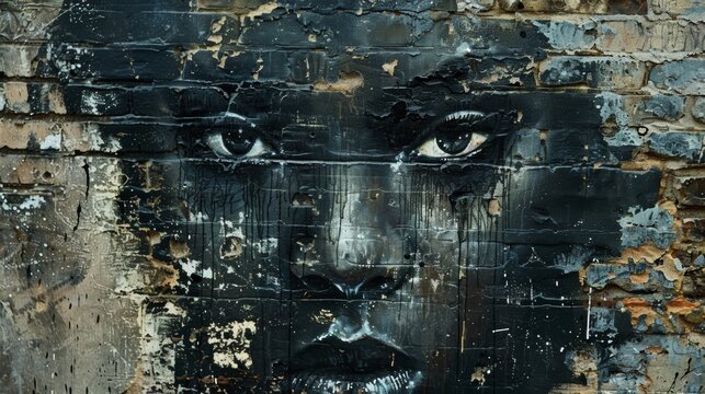 cityscape graffiti art, a cryptic figure depicted in a street art mural on a decaying brick wall, adding an enigmatic and mysterious atmosphere to the urban landscape