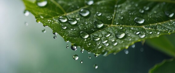 Macro image of a green leaf with water droplets on it creating a natural eco friendly background with ample copy space image.
