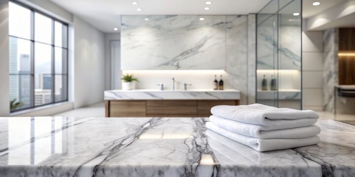 Empty white marble countertop and wall with copy space place for mounting your product and blurred background of bathroom interior and towels.