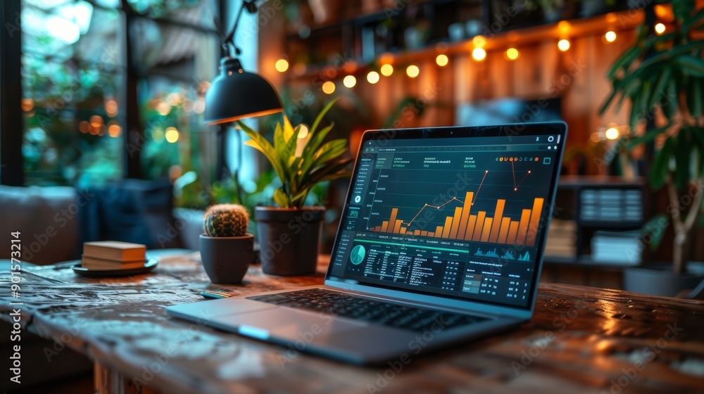 Poster modern workspace with laptop displaying data analytics in cozy indoor garden at dusk. generative ai