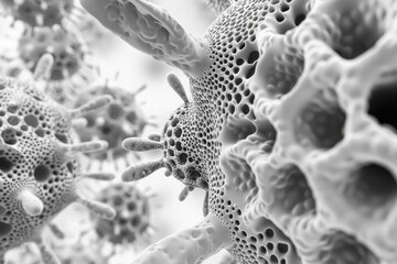 herpes virus Microscopic view of detailed virus cell structure, close-up, 3D illustration, medical research concept