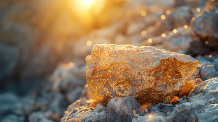 Fototapeta premium Glistening Rock with Golden Dust Under Sunset Light, Capturing Nature's Beauty and Texture