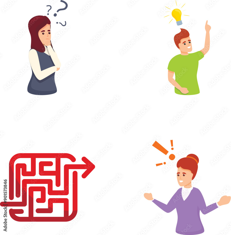 Poster decision making icons set cartoon vector. people thinking and solving problem. project development
