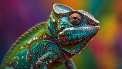 Fototapeta premium Vibrant chameleon blending into a colorful background, showcasing its natural beauty and adaptability in an enchanting, high-resolution photo.