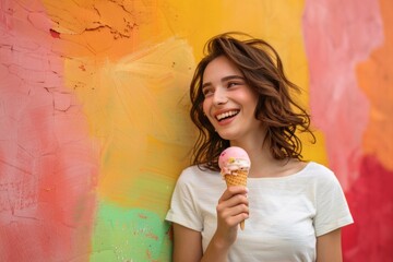 Smiling woman enjoying ice cream cone against vibrant colorful wall background, cheerful mood concept