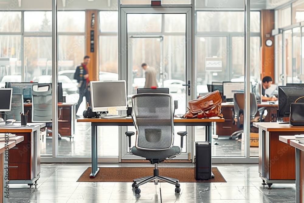 Poster open plan office with glass partitions and modern workstations creating a collaborative and producti